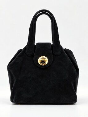Givenchy Vintage Black Suede Leather Tote Bag Gold Turn Lock Top Handle Purse